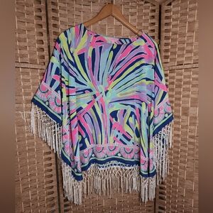 Lily Pulitzer Sea Dreamin' Fringe S/M 100% Silk Caftan